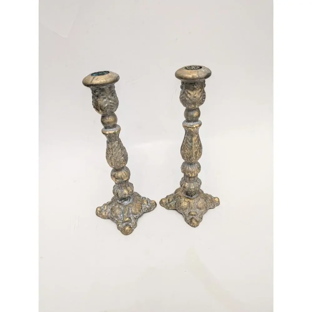 Baroque Rococo Candlestick Candle Holder Pair Brass Verdigris 8.5